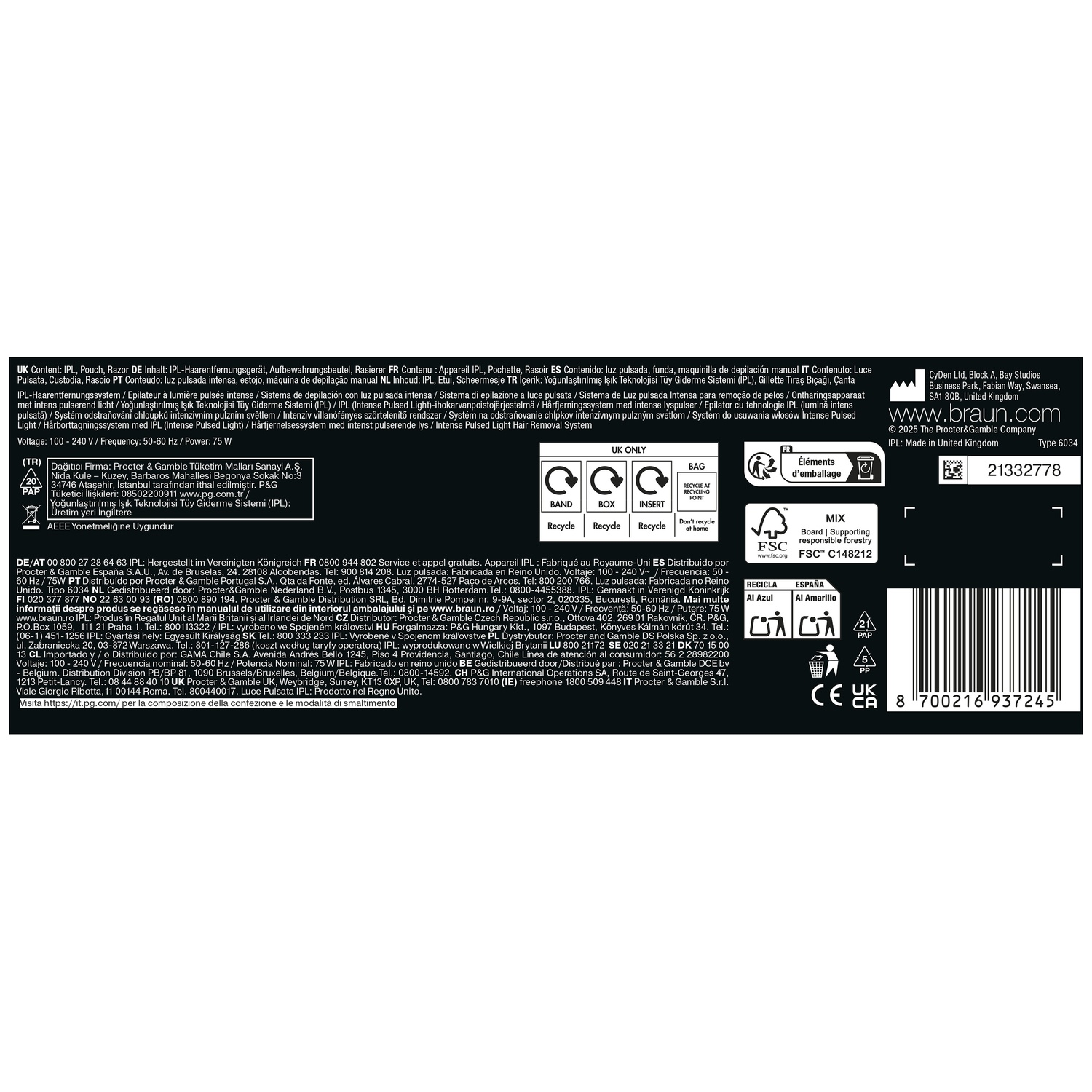 Back of a Braun product packaging with technical data, recycling symbols, and barcode.