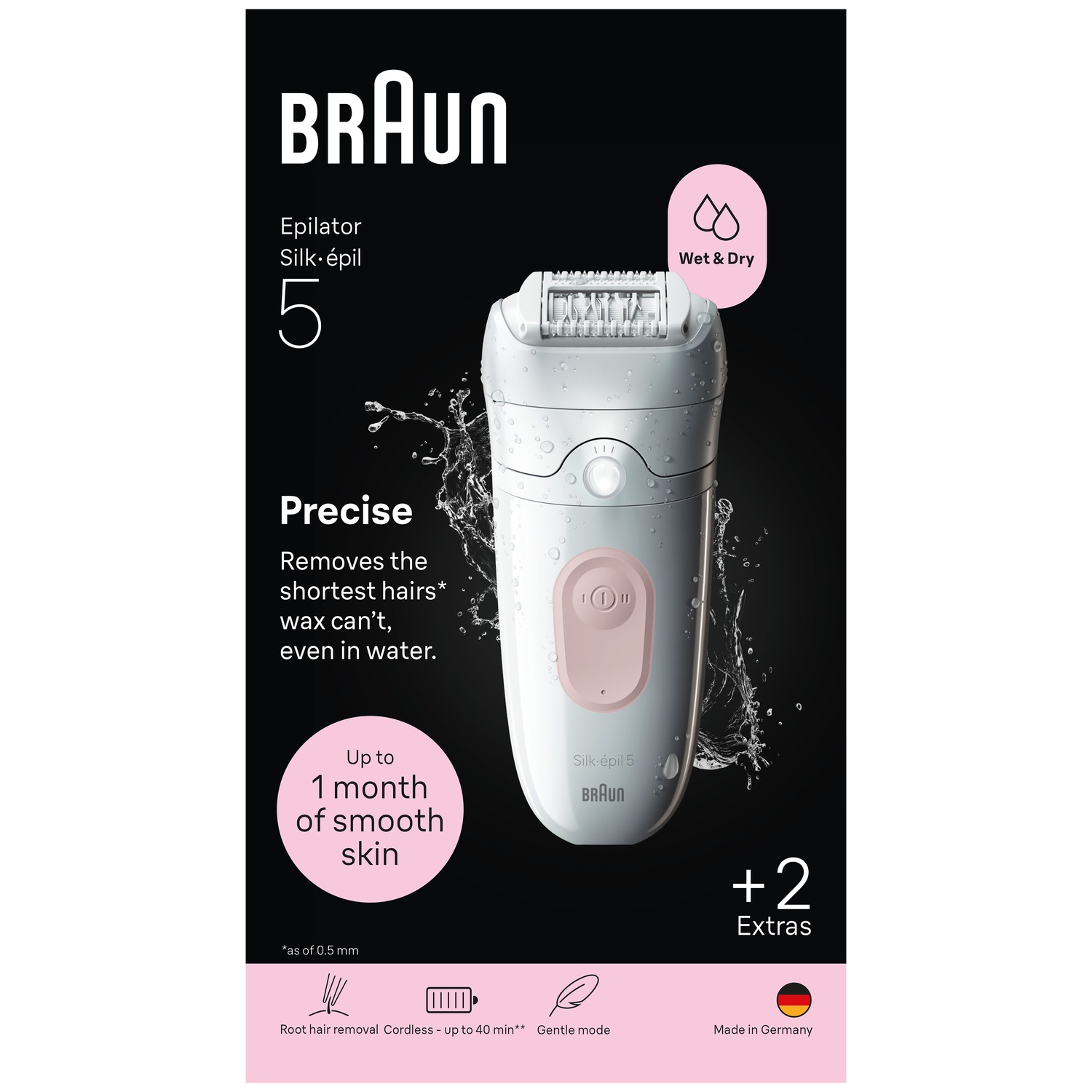Braun Silk-épil 5 epilator on black background with water splashes, text highlights, and product features.