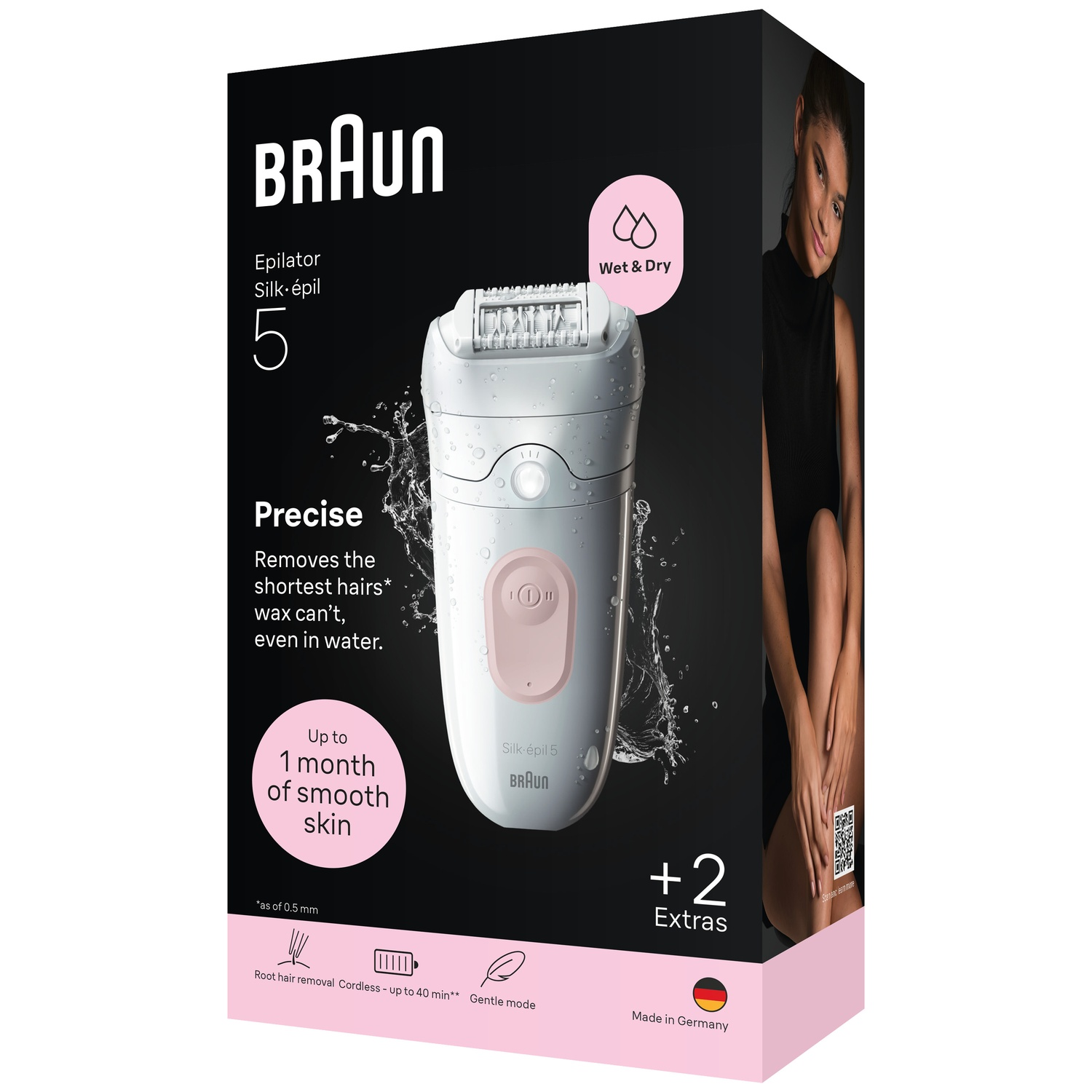 Braun Silk-épil 5 epilator on black product packaging with water splashes.