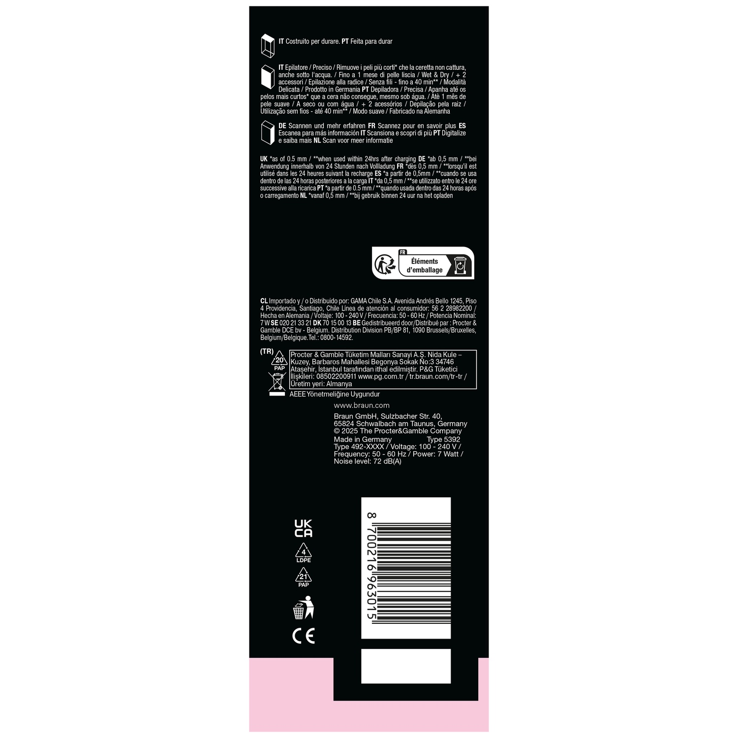Product packaging with text, recycling symbols, manufacturer information, and a barcode on a black background.
