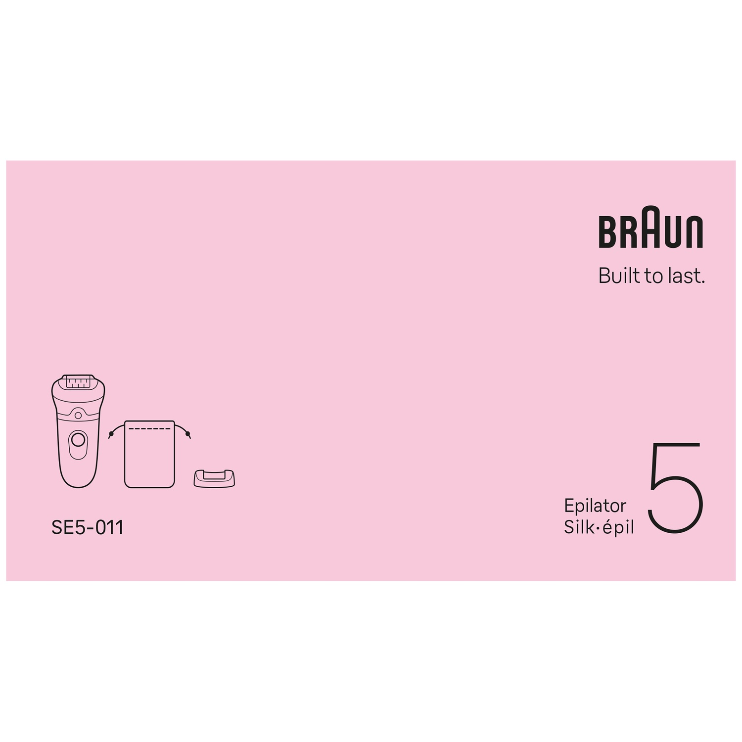 Pink banner with Braun logo, SE5-011 epilator, pouch, and accessories.