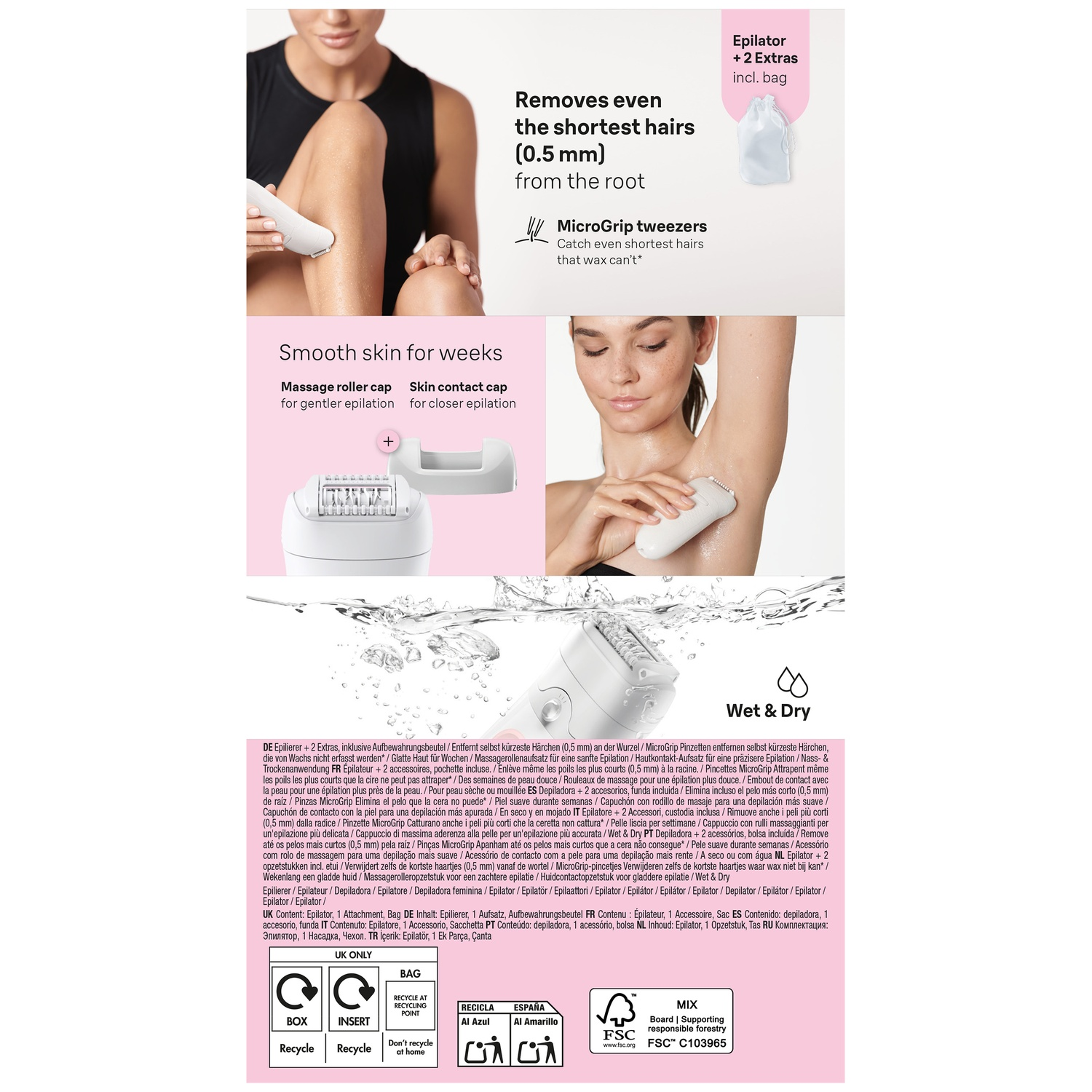 Promotional image for an epilator showing use, attachments, and key feature text.
