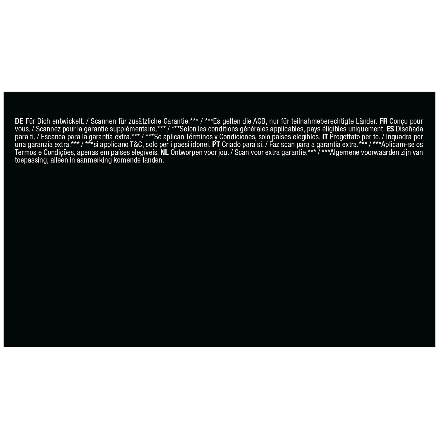 Multilingual text on a black background providing warranty details.
