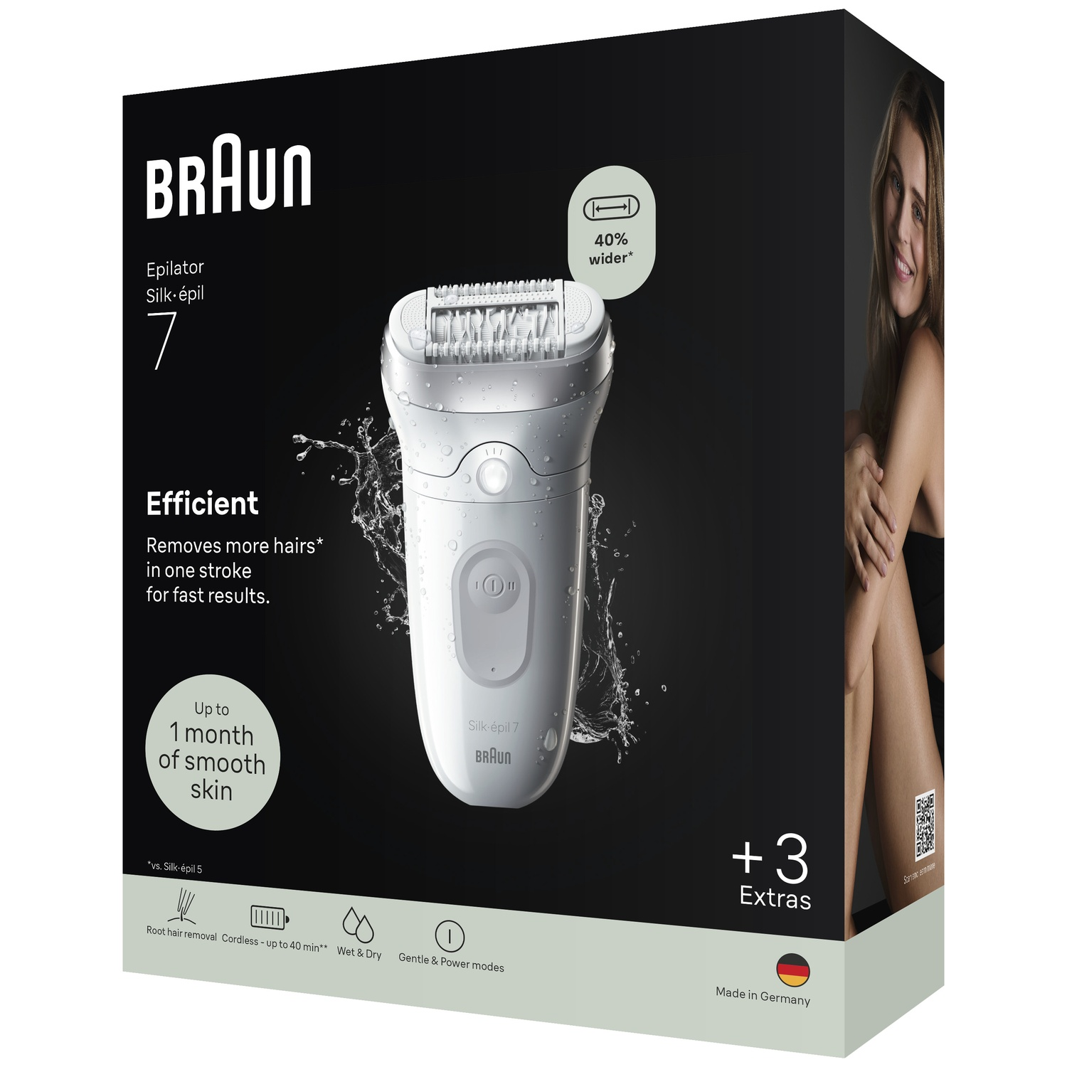 Braun Silk-épil 7 epilator on black product packaging with water splashes.