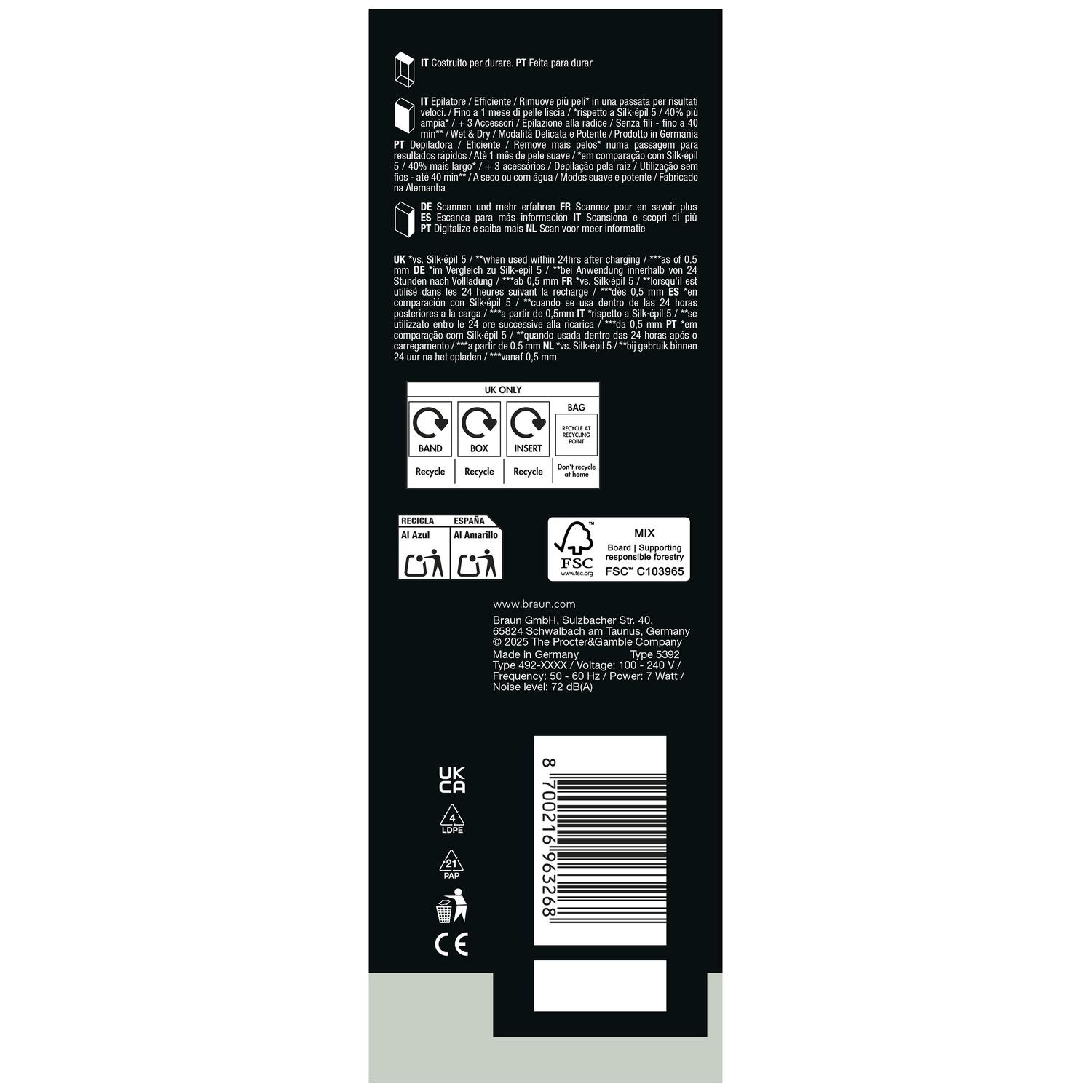 Product packaging back with multi-language text, recycling symbols, barcode, and manufacturer details.