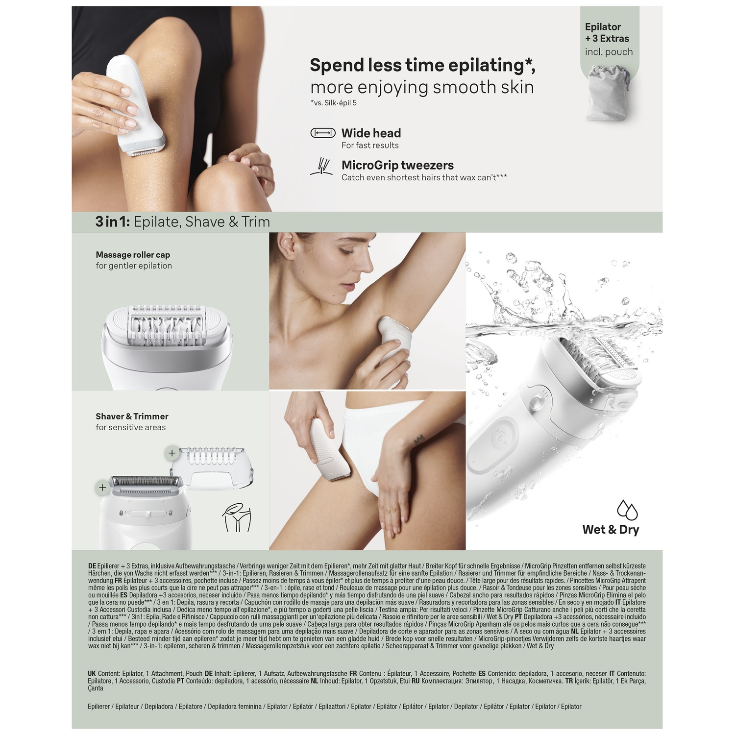 An advertisement for a 3-in-1 epilator, shaver, and trimmer, showing product features, attachments, and use on skin.