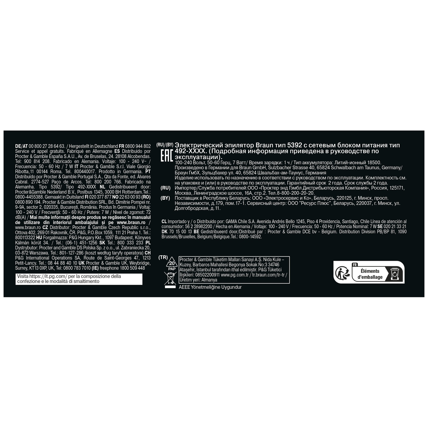Product information text printed on black packaging in multiple languages.