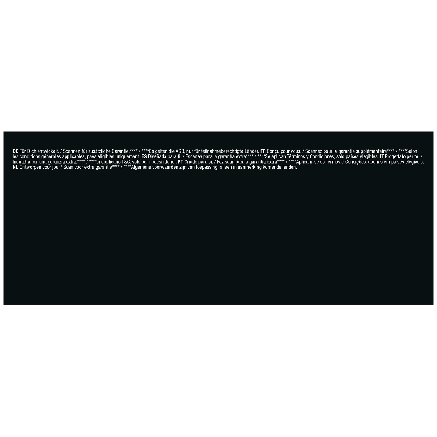 Multilingual text in a black box on a white background about warranty scan.
