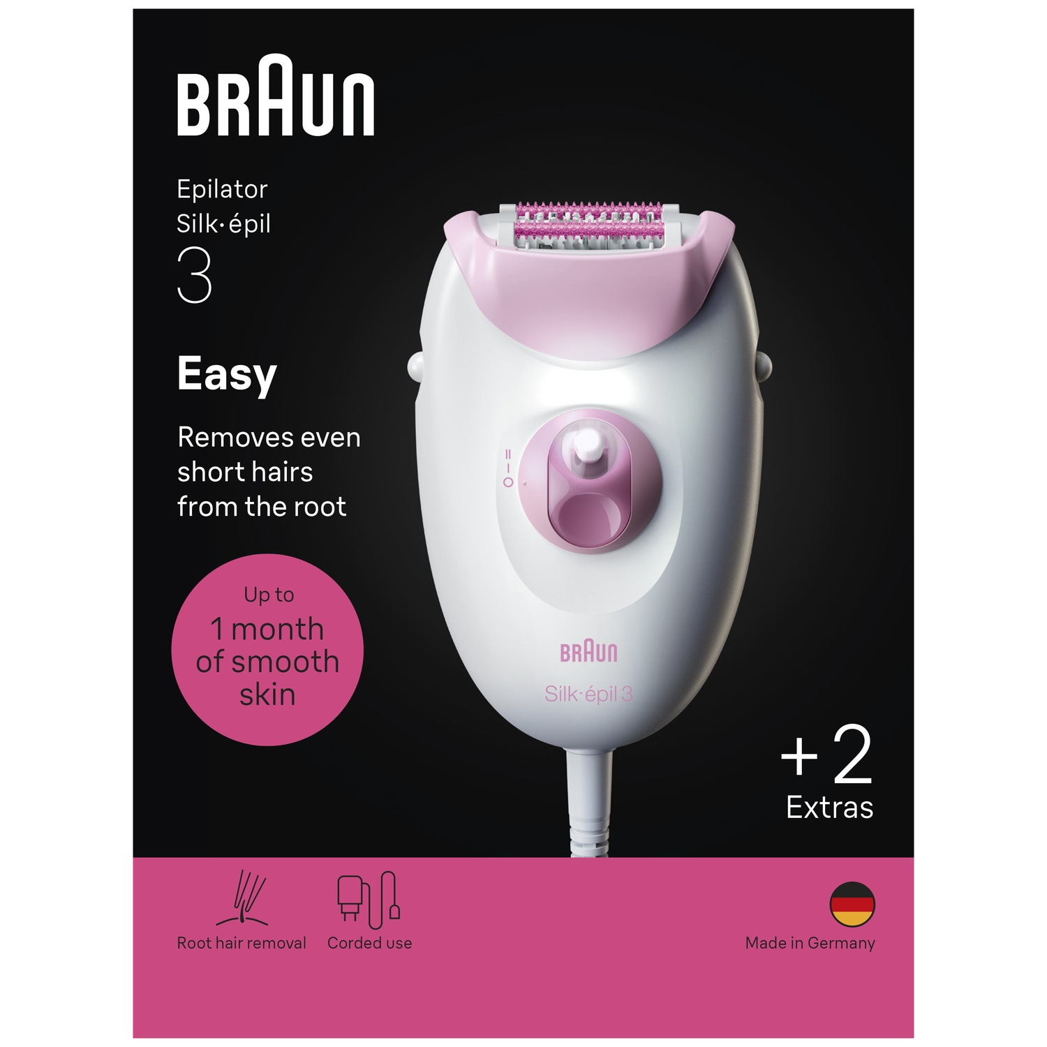 Braun Silk-épil 3 epilator on a black background with product info.