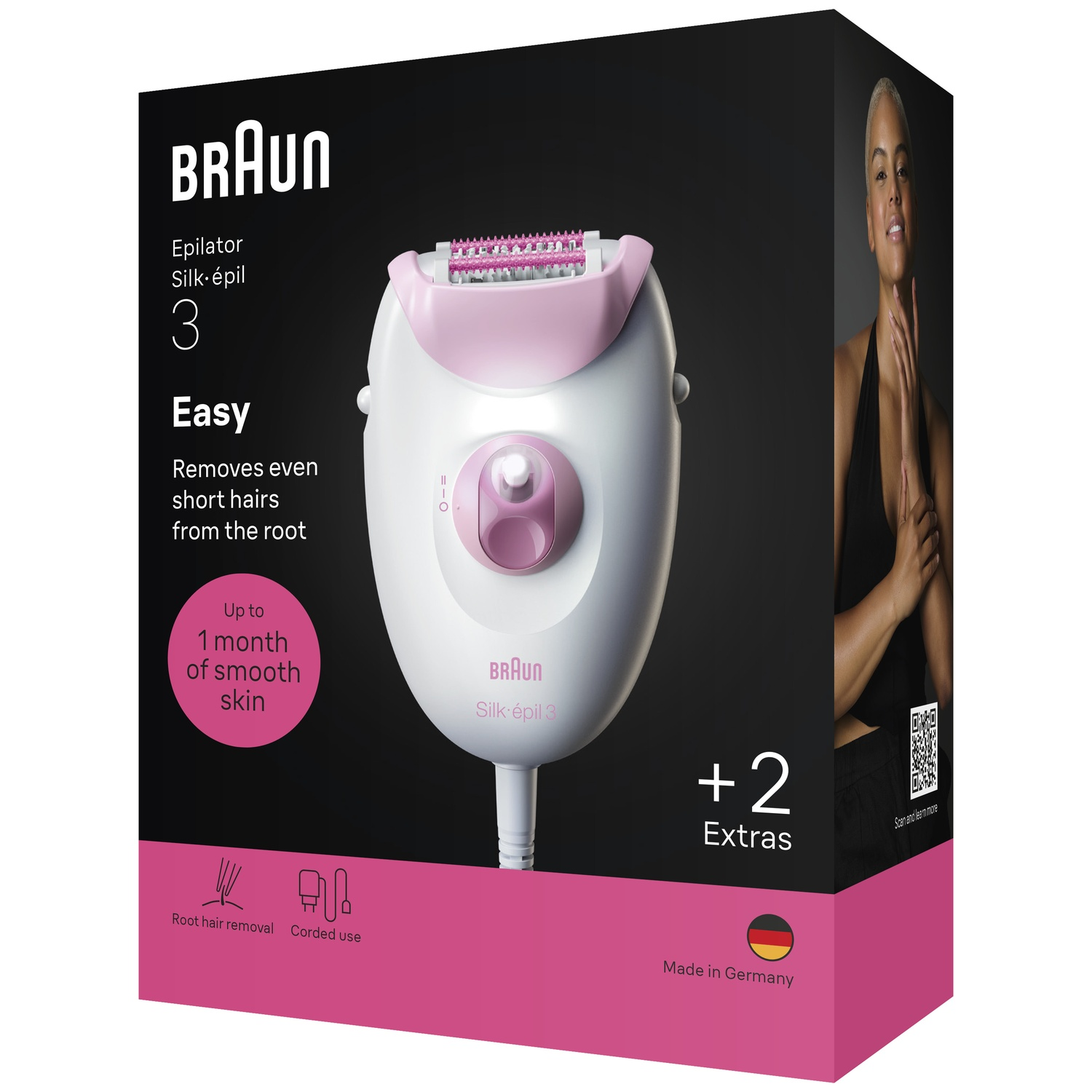 Product box for a Braun Silk-épil 3 epilator featuring a white and pink design.