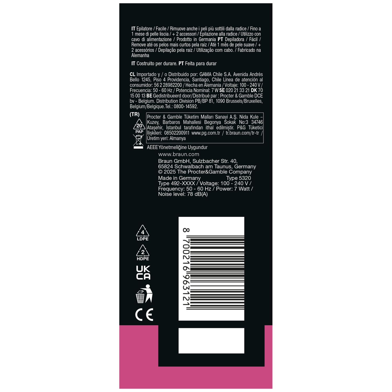 Product information and barcode on black packaging.