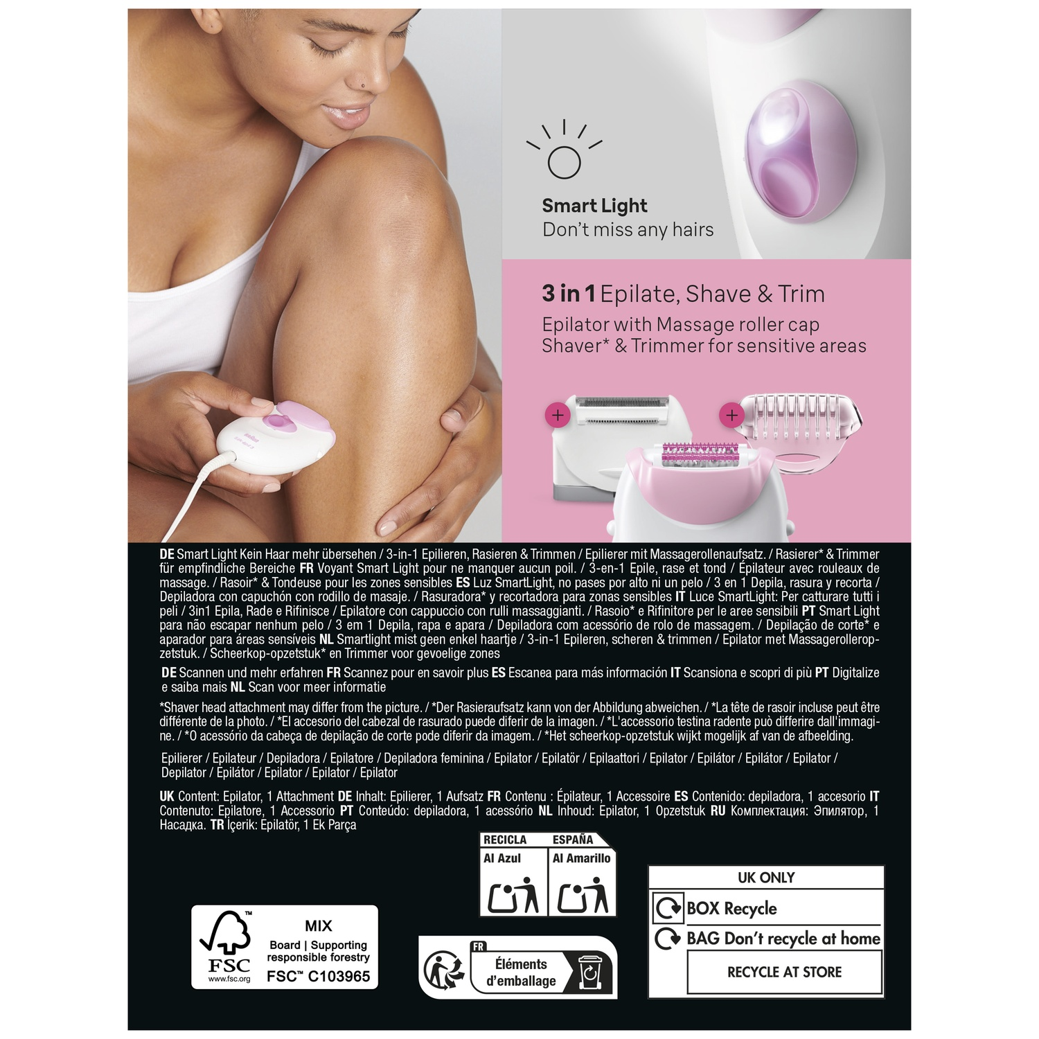 Promotional image for 3-in-1 epilator, shaver, and trimmer with smart light for smooth skin.
