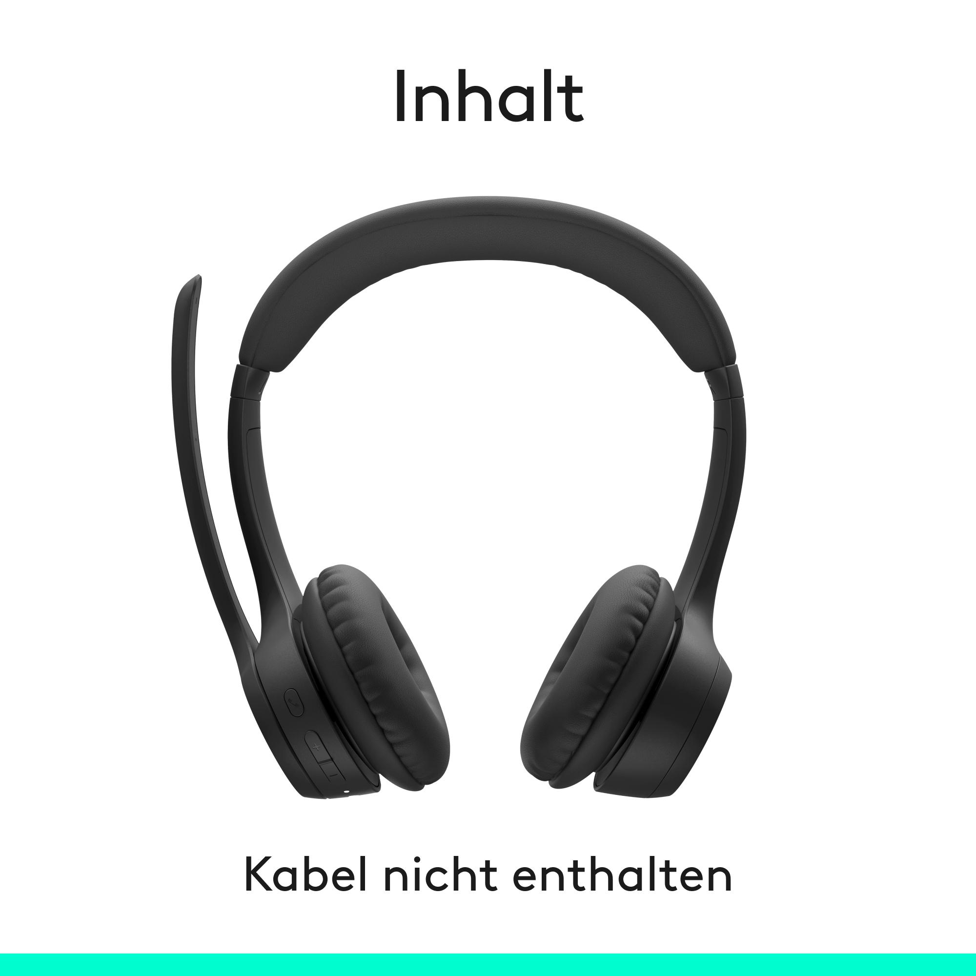 Schwarze kabellose Kopfhörer mit Mikrofonarm, beschriftet mit deutschem Text oben und unten.