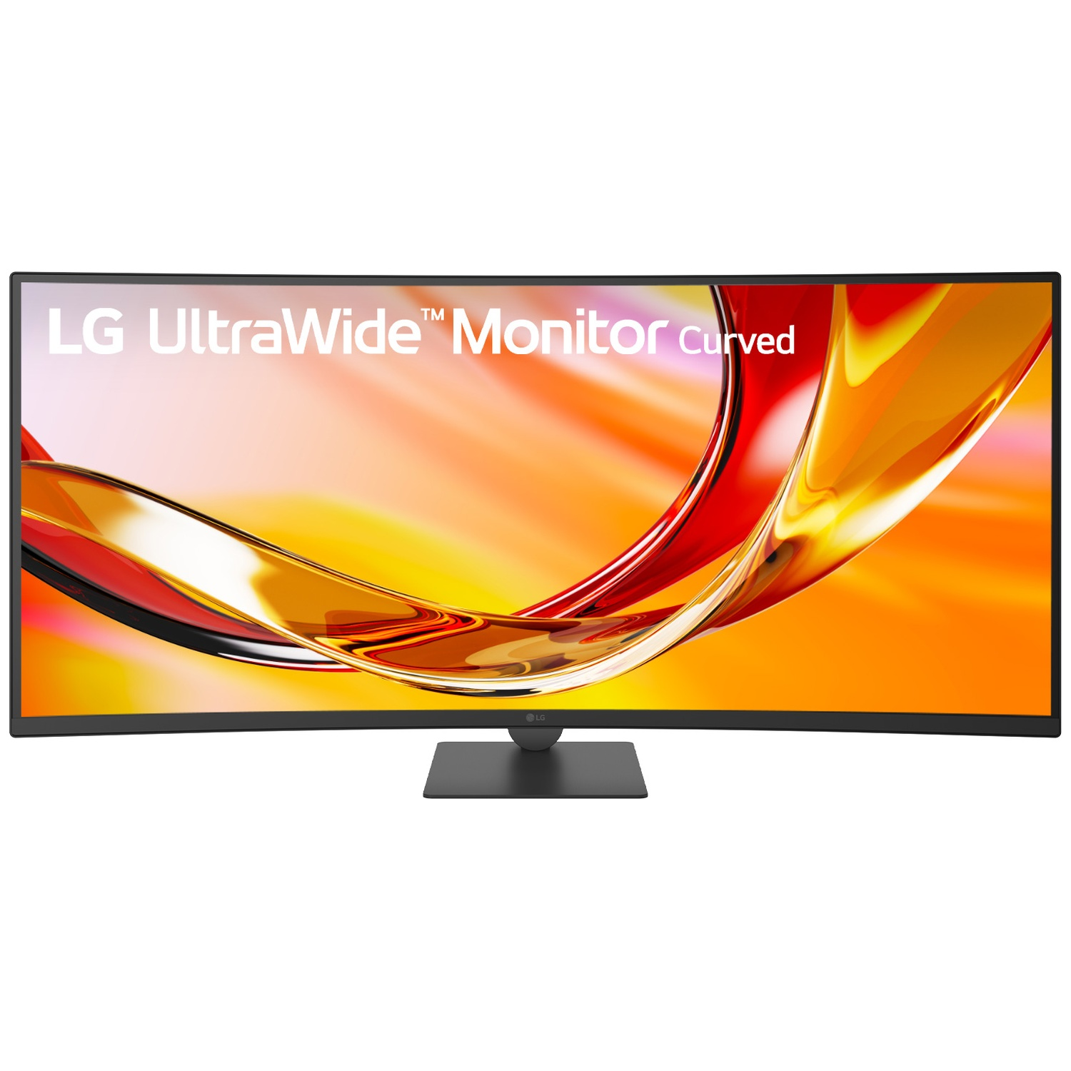 A curved LG UltraWide monitor displaying an abstract, colorful screen image against a white background.