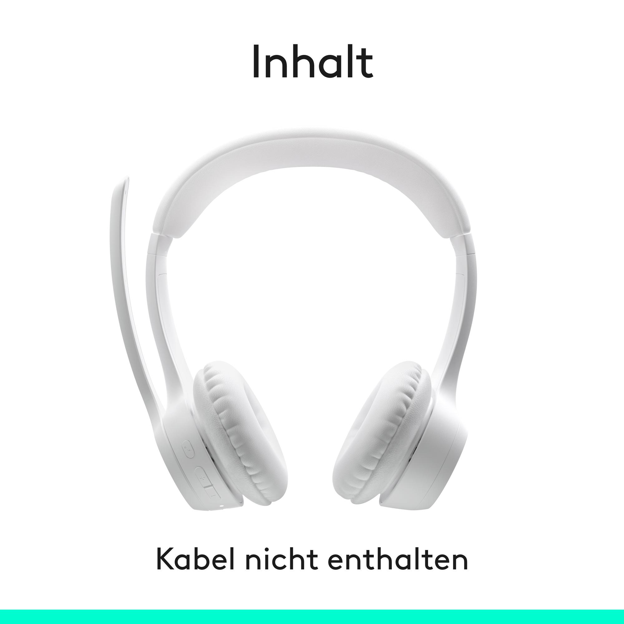 Weiße On-Ear-Kopfhörer mit Mikrofonarm und Textinhalt. Kabel nicht enthalten.