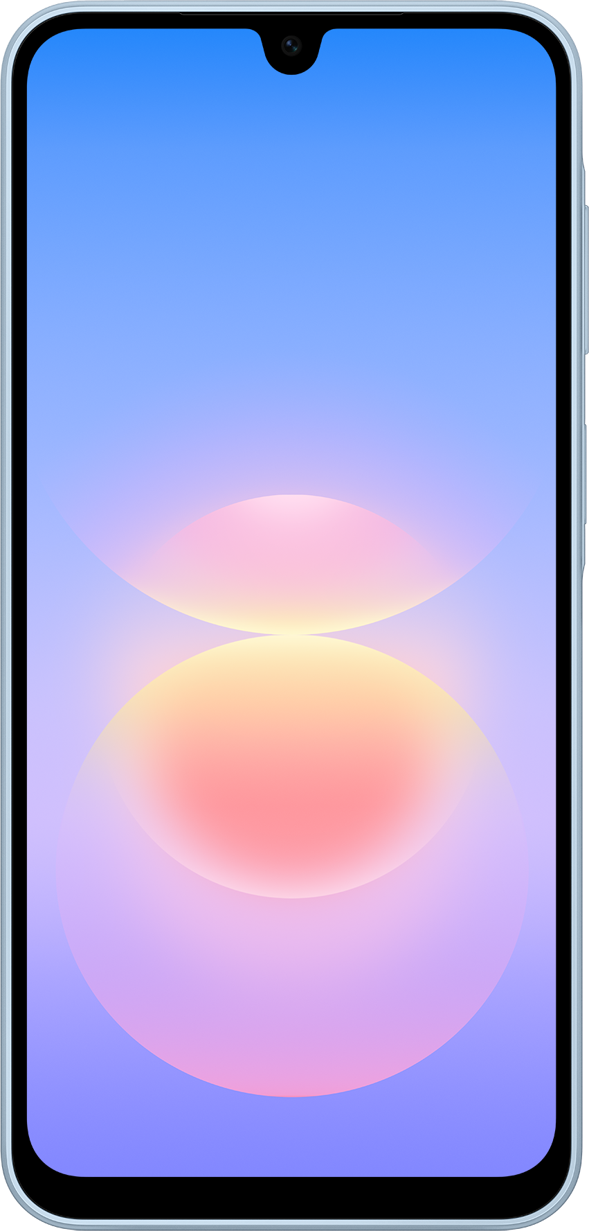 Ein Smartphone mit einer blauen und rosa abstrakten Grafik auf dem rahmenlosen Bildschirm und einer Frontkamera oben.