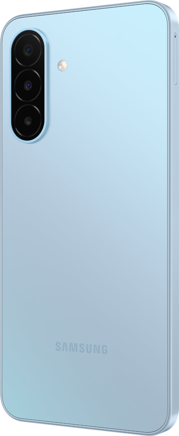 Rückseite eines hellblauen Samsung-Smartphones mit vertikal angeordneter Dreifachkamera und LED-Blitz.
