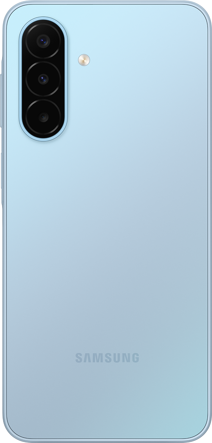 Die hellblaue Rückseite eines Samsung-Smartphones mit vertikaler Dreifachkamera und Blitz.