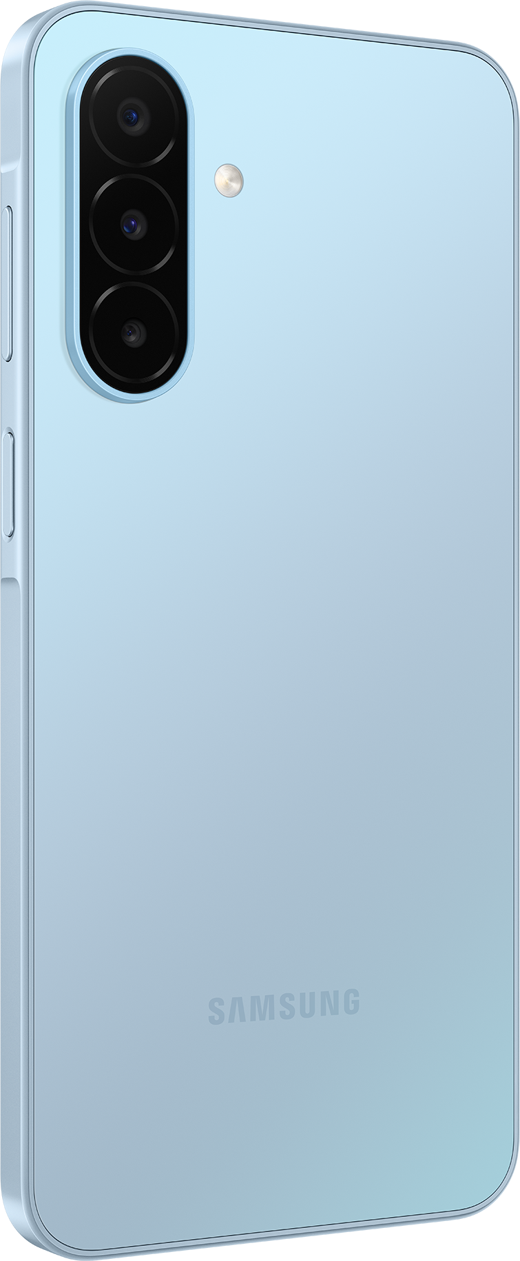 Rückseite eines hellblauen Samsung-Smartphones mit vertikalem dreifachen Kameramodul und Blitz.