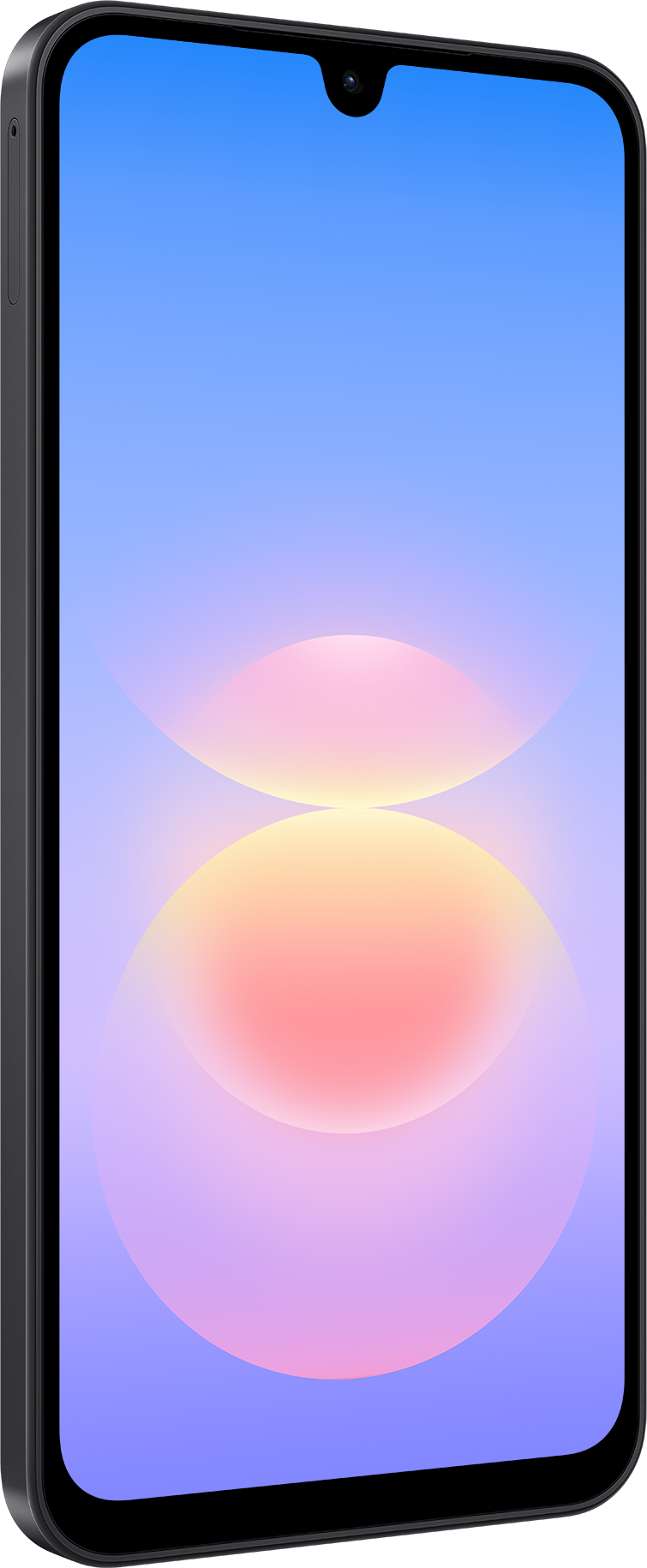 Smartphone mit einer Wassertropfen-Notch und einem bunten, abstrakten Hintergrund auf dem Bildschirm.