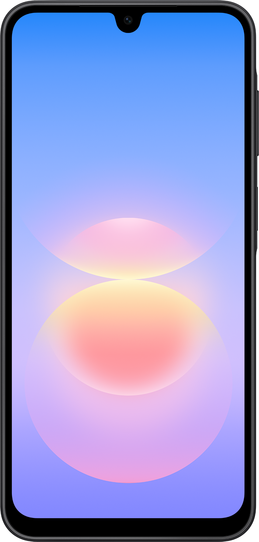 Smartphone mit blauem Hintergrund und zwei rosa leuchtenden Kreisen auf dem Bildschirm.