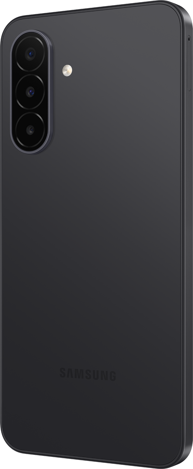 Die Rückseite eines dunklen Samsung-Smartphones mit drei vertikalen Kameras und dem Samsung-Logo.