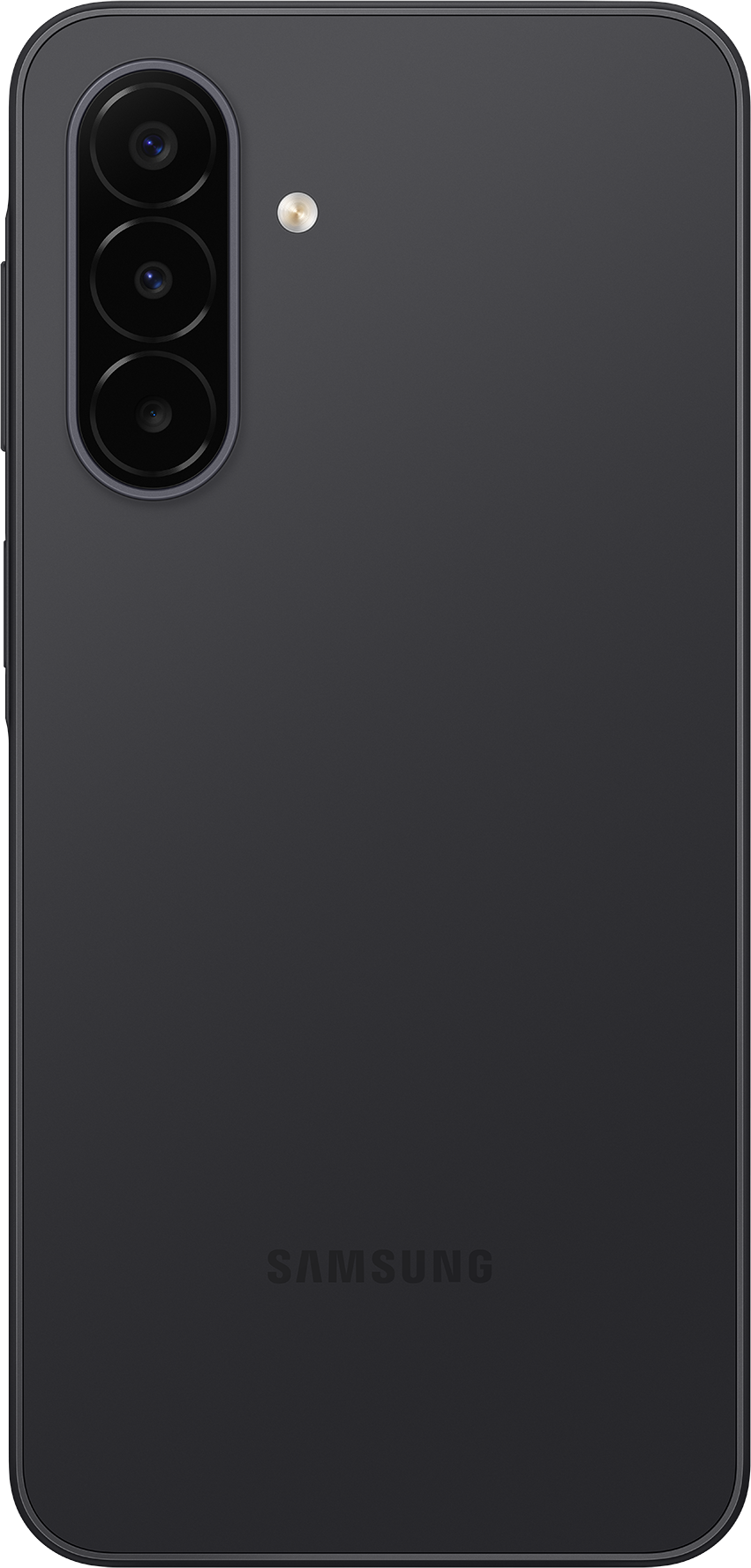 Rückseite eines dunklen Smartphones mit vertikaler Dreifachkamera und Samsung-Logo unten.