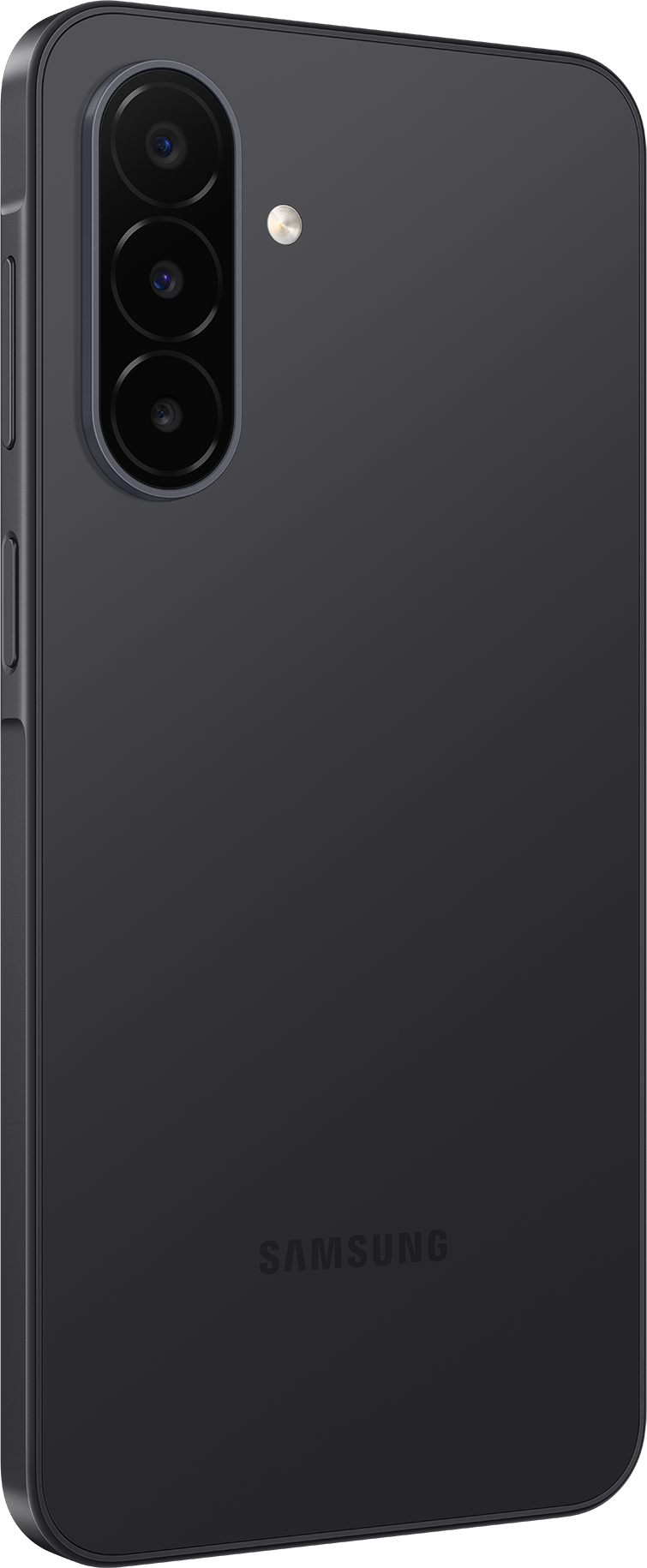 Rückseite eines dunklen Smartphones mit einer vertikalen Dreifachkamera und dem Samsung-Logo.