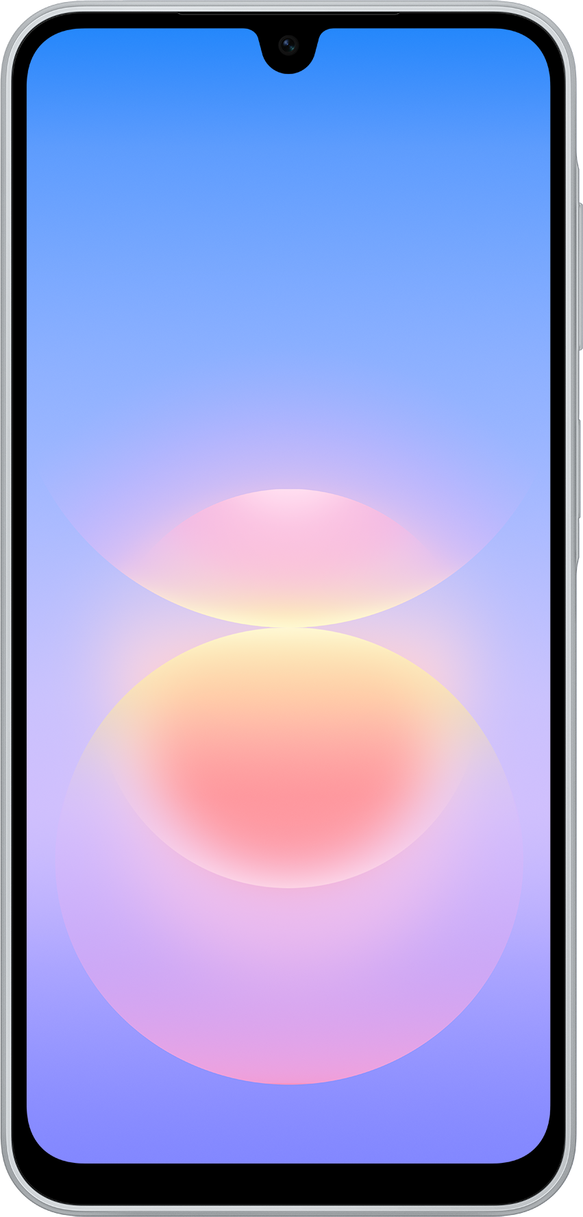 Ein Smartphone mit blauem Hintergrund und zwei runden, rosa und gelben Farbverläufen auf dem Bildschirm.