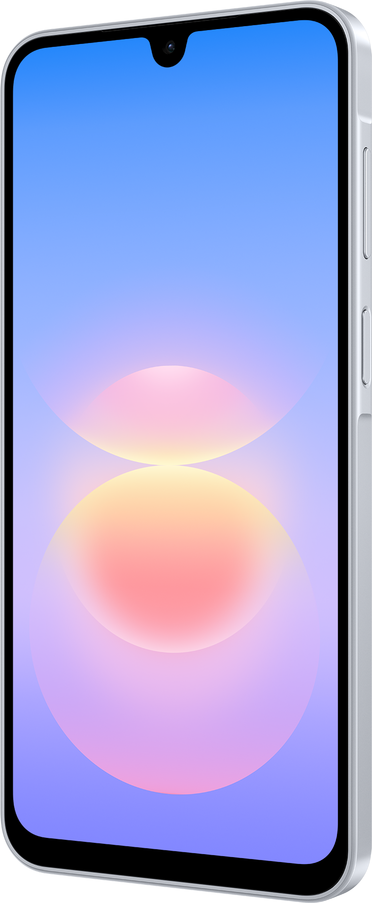 Ein weißes Smartphone mit hellem, blau-rosa Hintergrundbild auf dem Bildschirm.