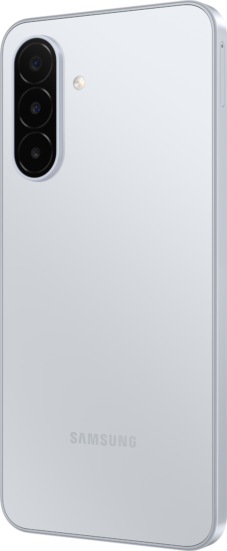 Rückseite eines weißen Samsung-Smartphones mit vertikaler Dreifachkamera und Blitz oben links.