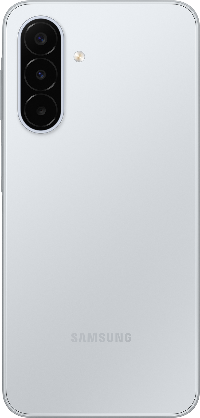 Rückseite eines silbernen Samsung-Smartphones mit vertikaler Dreifachkamera und Blitzlicht.