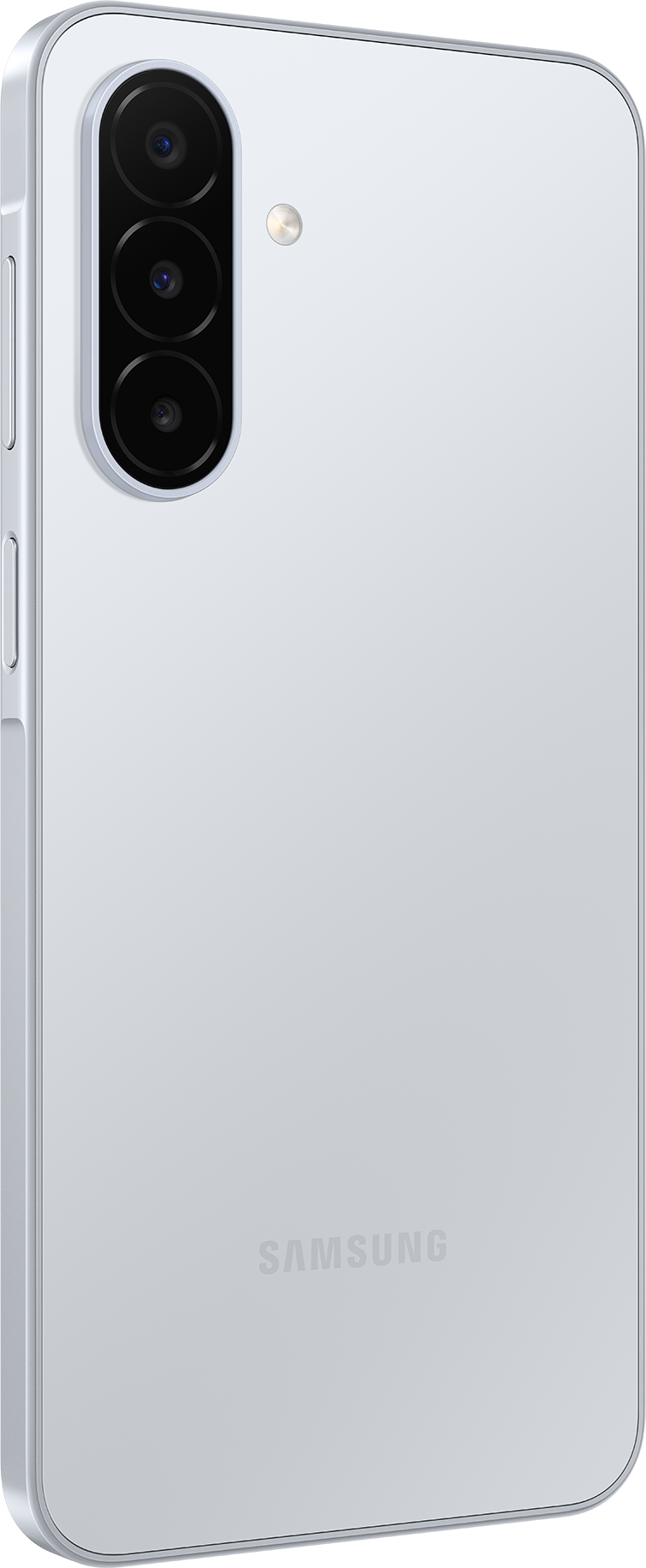 Rückseite eines weißen Smartphones mit vertikaler Dreifachkamera und Samsung-Logo.