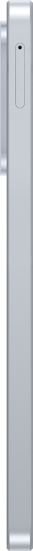 Seitenansicht eines silbernen Smartphones mit einem länglichen Knopf und einer kleinen Öffnung.