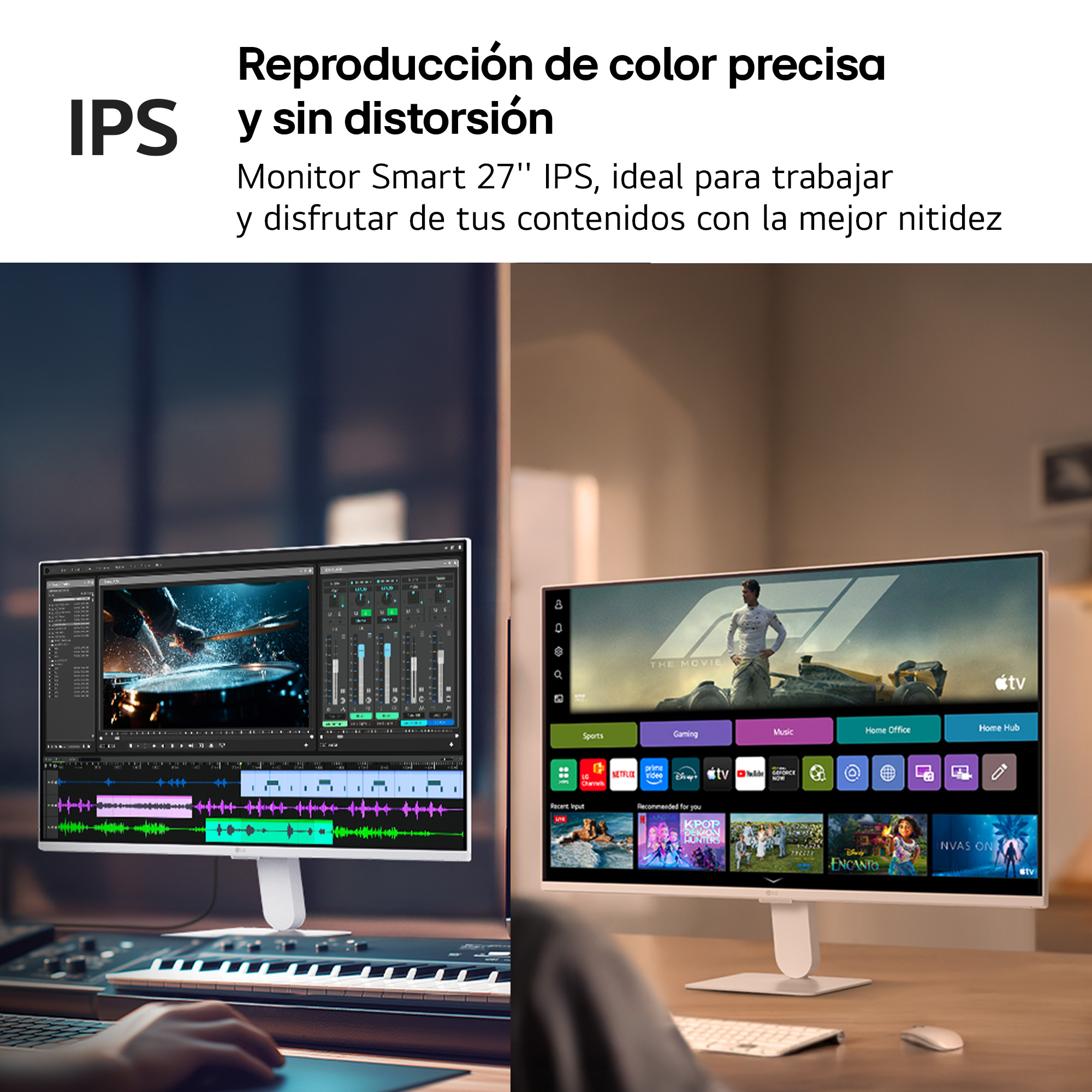 Reproducción de color precisa y sin distorsión Monitor Smart 27" IPS, ideal para trabajar y disfrutar de tus contenidos con la mejor nitidez
