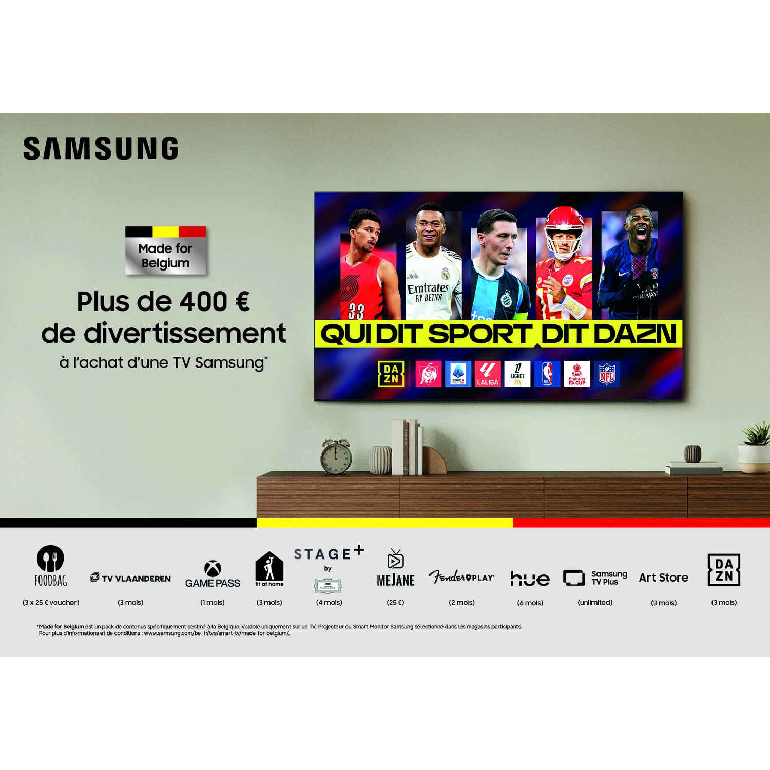 Une publicité pour les TV Samsung en Belgique montrant du sport à l'écran et des logos partenaires en bas.