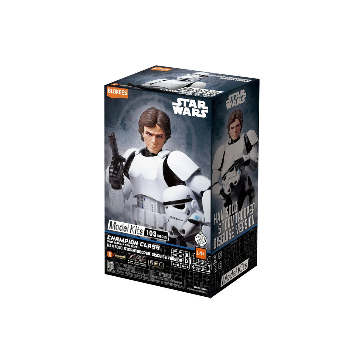Caja de maqueta Star Wars Han Solo Stormtrooper con figura de cabeza descubierta y bláster.