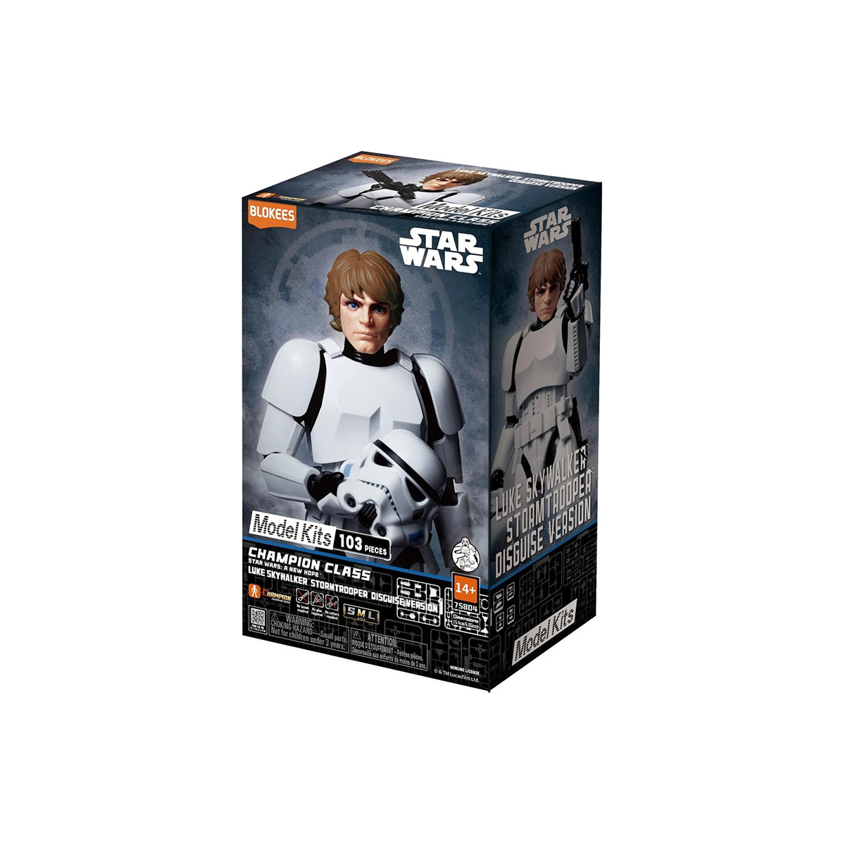 Maqueta de Star Wars de Blokees de Luke Skywalker como soldado de asalto en versión de disfraz en su caja.