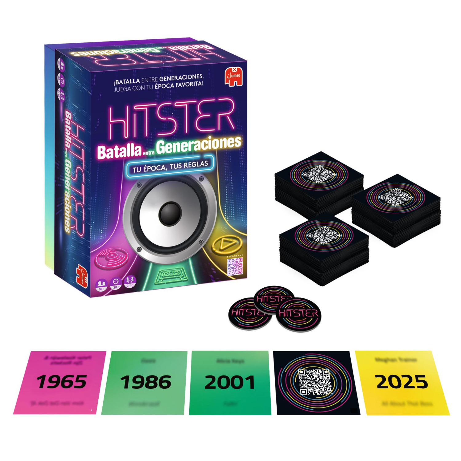 El juego de mesa Hitster con caja azul, pilas de cartas, fichas redondas y cartas de años coloridas.