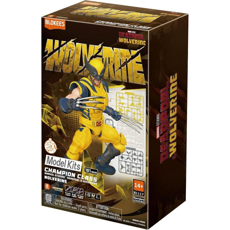 Caja de kit de modelo de Wolverine con una figura en traje amarillo y azul y garras extendidas.