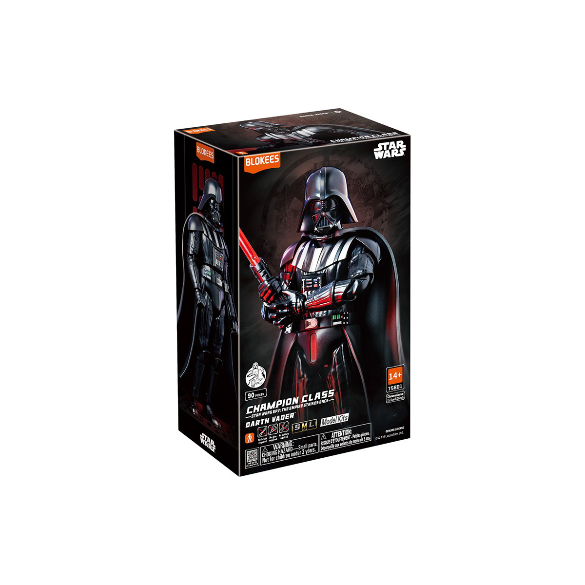 Caja de producto del kit de modelo Star Wars Darth Vader de Blokees, con una figura de acción detallada.