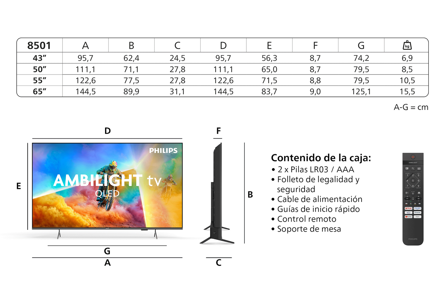 TV QLED 55" - Philips 55PQS8501/12, Ambilight, UHD 4K, Smart TV, Dolby Atmos, Titan OS, Negro