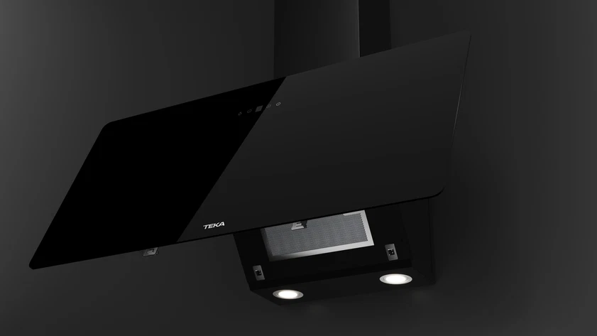 Campana decorativa - Teka DVB 94140 TOS BK, 3 Niveles de ventilador, 400 m³/h, Ancho 90 cm, 2 lámparas LED, Cristal negro