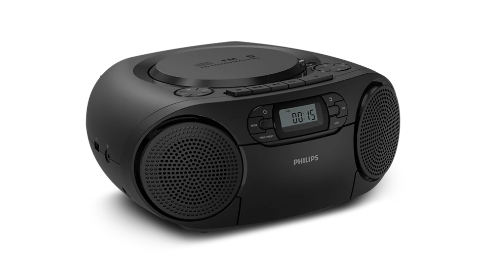 Un reproductor de CD portátil Philips negro con dos altavoces y pantalla digital.