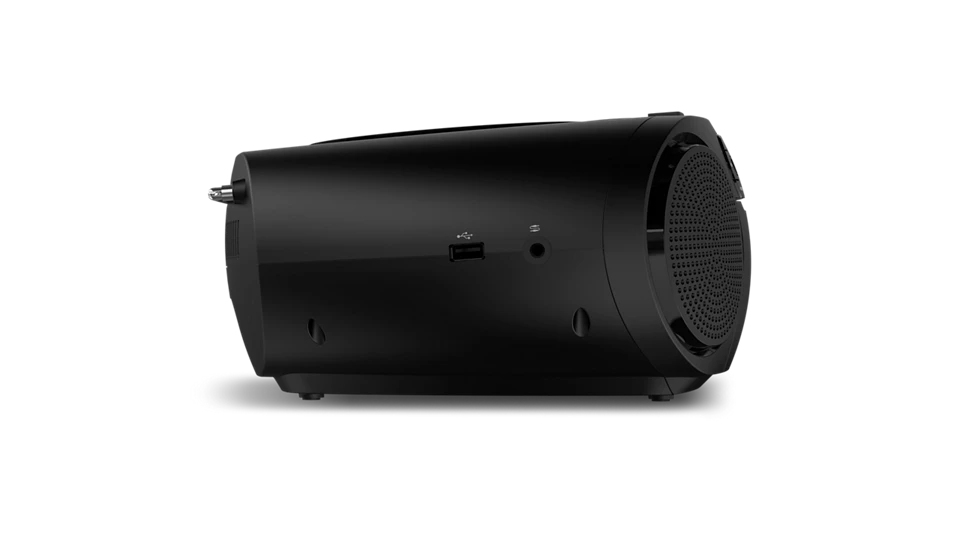 Un dispositivo de audio cilíndrico negro con puertos laterales y una rejilla de altavoz sobre fondo blanco.