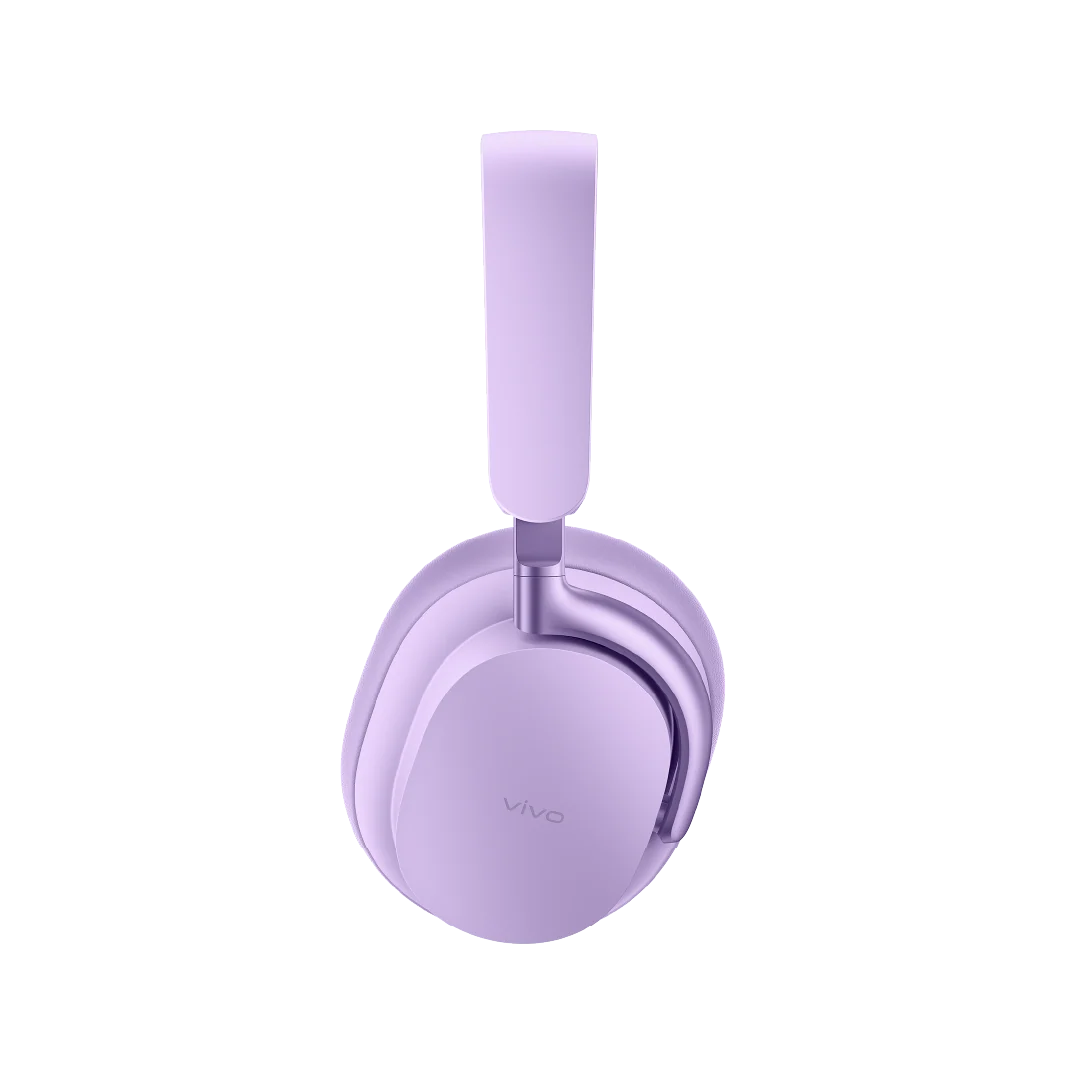 Unos auriculares supraurales Vivo de color violeta claro sobre un fondo negro, vistos de lado.