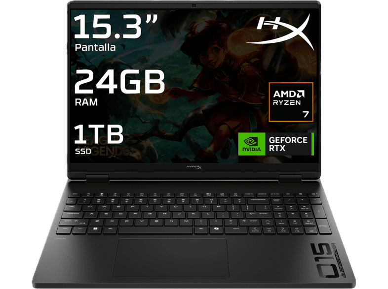 Portátil gaming - HP HyperX OMEN 15-gb0008ns, 15.3 " 2K, AMD Ryzen™ 7 260, 24 GB RAM, 1 TB SSD, GeForce RTX™ 5060, Windows 11 Home