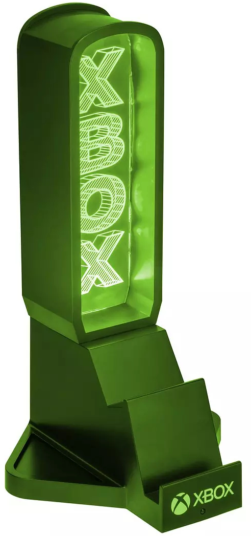 Zöld Xbox játékosállvány függőleges világító logóval és tartóval.