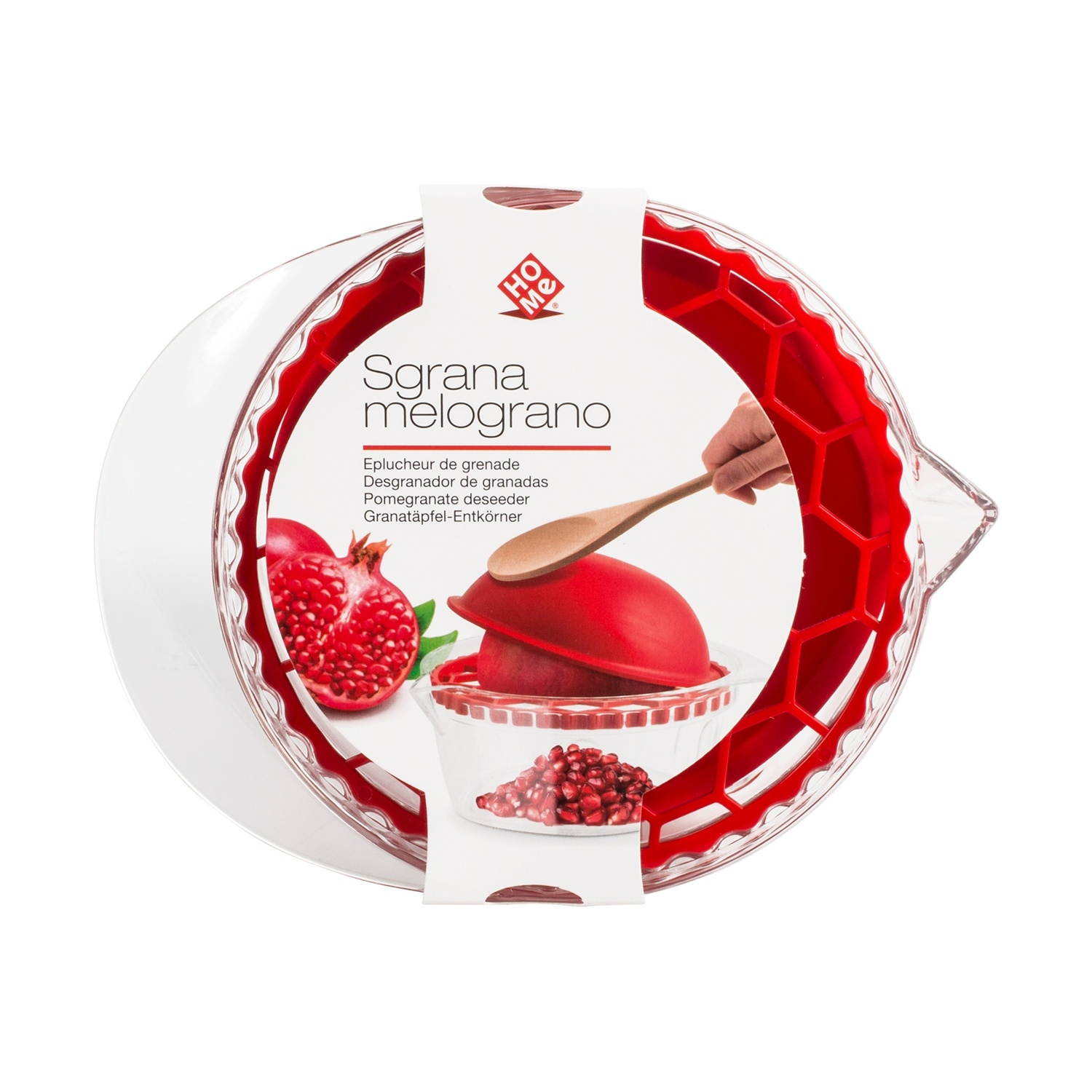 Confezione di un sgranatore di melograno rosso con istruzioni su etichetta bianca.