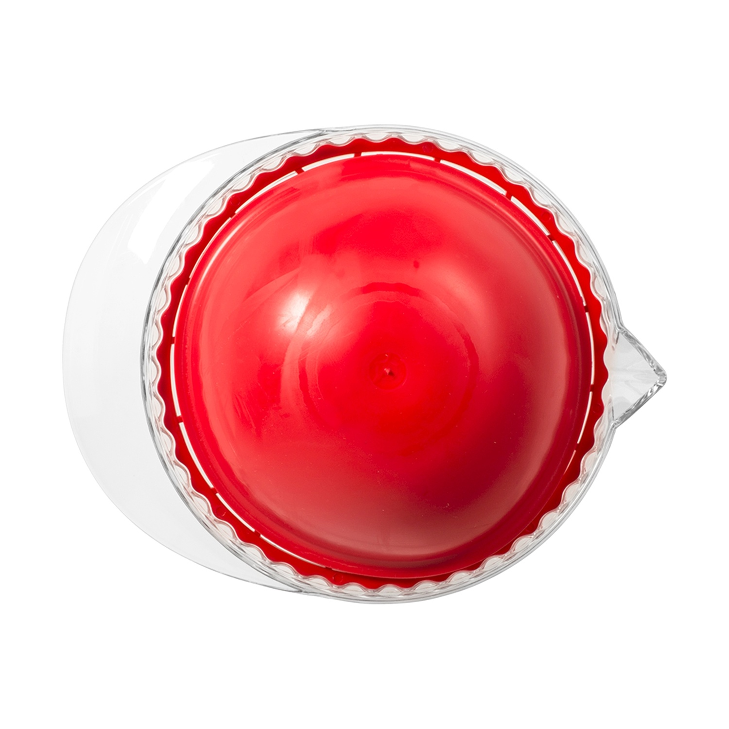Vista dall'alto di uno spremiagrumi con inserto rosso e contenitore di vetro trasparente.